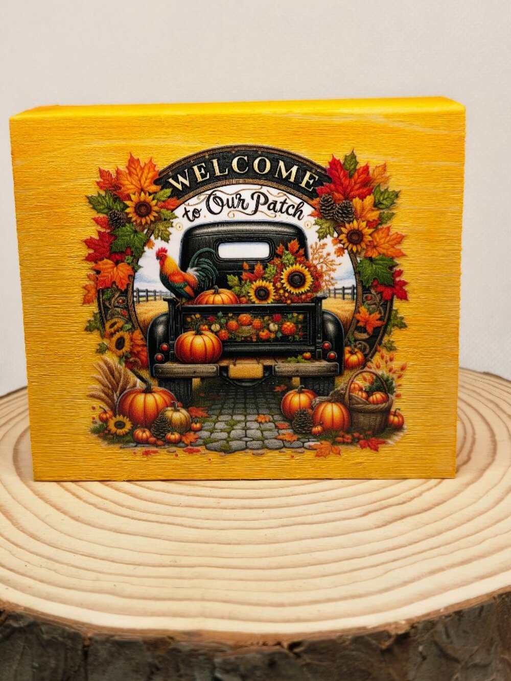 Handcrafted Decor, Mini Wood Sign, Vintage Truck & Pumpkins Welcome to Our Patch